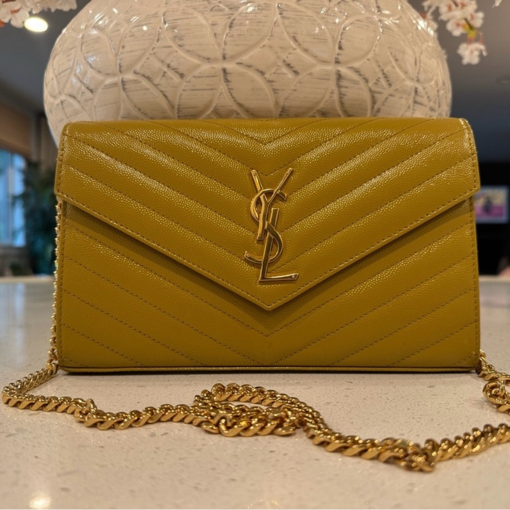 Yves Saint Laurent Yellow Chevron Quilted Leather Crossbody with Gold Chain